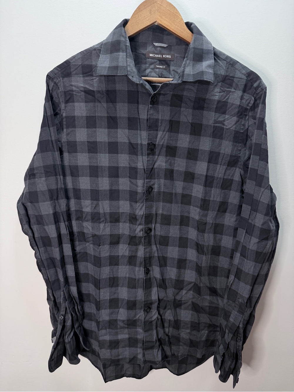 Michael Kors Men's Gray & Black Check Button-Up Shirt Size M 28x22
